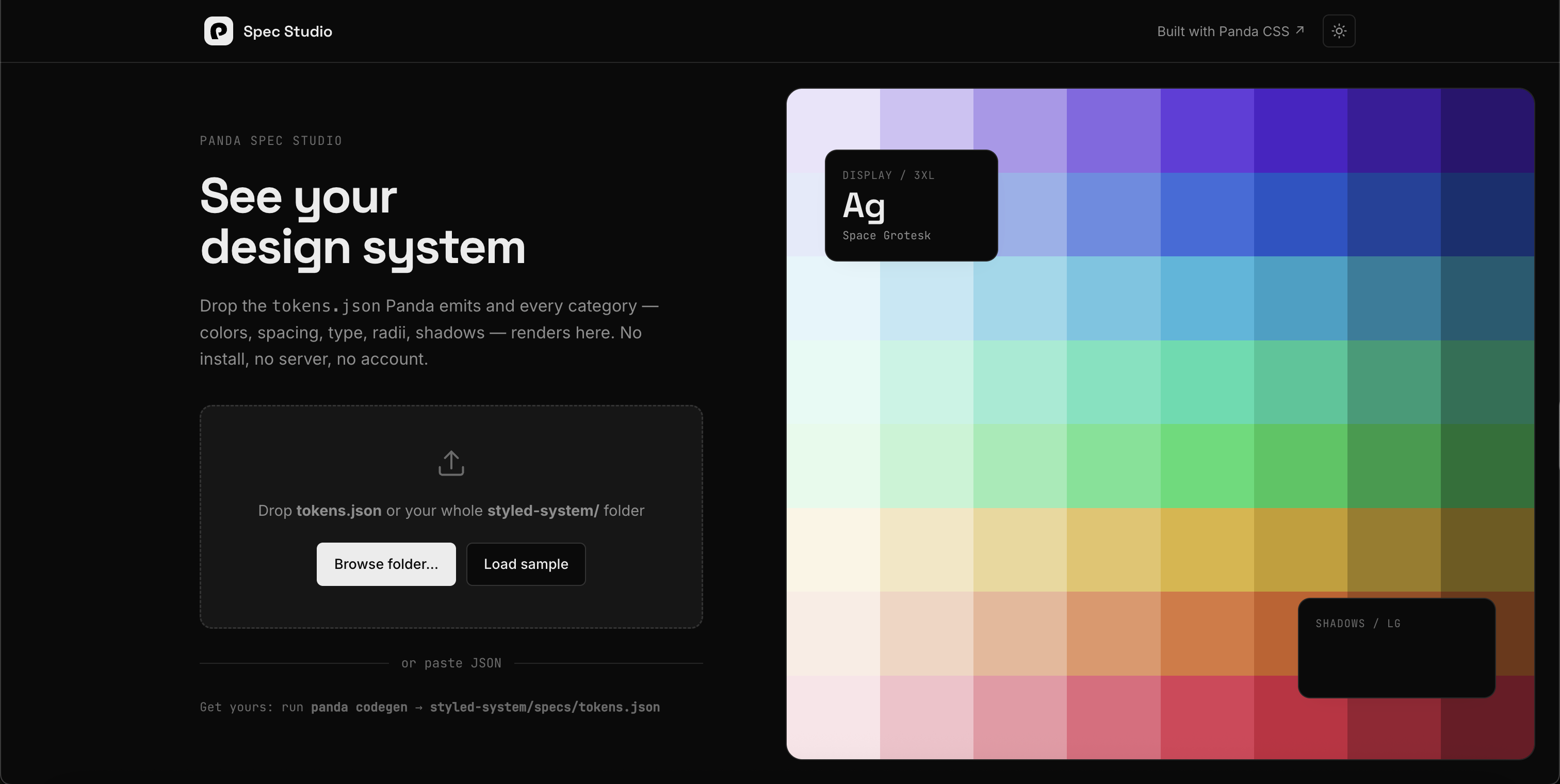 Spec Studio, a full color system rendered straight from tokens.json
